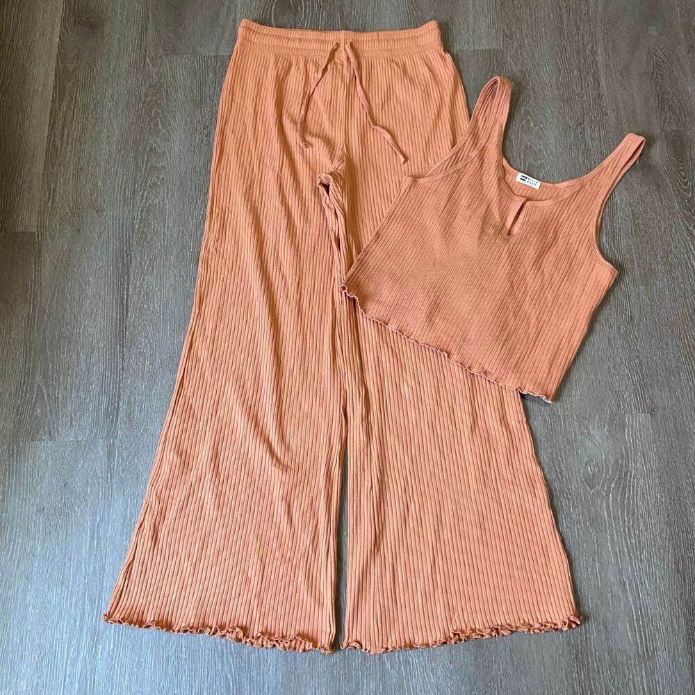 Billabong Ribbed Crop Tank & Wide Leg Pant Set Women's Large Orange Comfy Knit